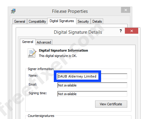 Screenshot of the DAUB Alderney Limited certificate